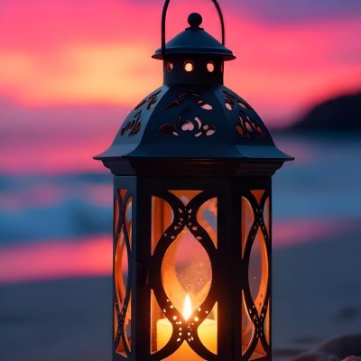 A Black Metal Lantern With Intricate Cutouts Glowing With Warm Light Sits On A Sandy Beach With A Vibrant Pink And Blue Sunset Sky 29 E058