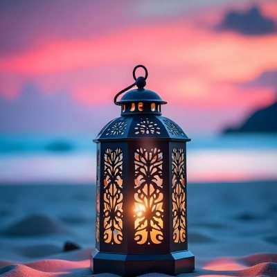 A Black Metal Lantern With Intricate Cutouts Glowing With Warm Light Sits On A Sandy Beach With A Vibrant Pink And Blue Sunset Sky 44 2f3b