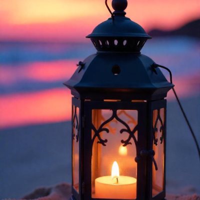 A Black Metal Lantern With Intricate Cutouts Glowing With Warm Light Sits On A Sandy Beach With A Vibrant Pink And Blue Sunset Sky 45 5d66