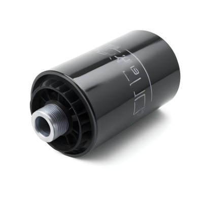 A Black Oil Filter With A Black Threaded Insert Lying On A Black Surface With A Slight Shadow Showcasing Its Cylindrical Shape And Construction 14 2362