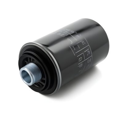 A Black Oil Filter With A Black Threaded Insert Lying On A Black Surface With A Slight Shadow Showcasing Its Cylindrical Shape And Construction 24 B173