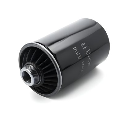 A Black Oil Filter With A Black Threaded Insert Lying On A Black Surface With A Slight Shadow Showcasing Its Cylindrical Shape And Construction 6 F571