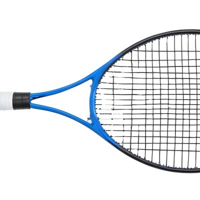 A Blue And Black Tennis Racket With Blue Handle Centered On A Blue Background Studio Shot High Resolution Detailed Strings Clean Aesthetic Sports Equipment 12 B6e0