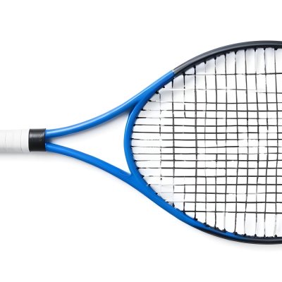 A Blue And Black Tennis Racket With Blue Handle Centered On A Blue Background Studio Shot High Resolution Detailed Strings Clean Aesthetic Sports Equipment 15 8086