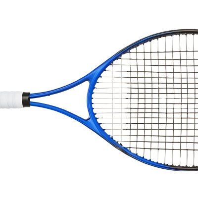 A Blue And Black Tennis Racket With Blue Handle Centered On A Blue Background Studio Shot High Resolution Detailed Strings Clean Aesthetic Sports Equipment 16 663b