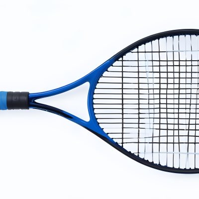 A Blue And Black Tennis Racket With Blue Handle Centered On A Blue Background Studio Shot High Resolution Detailed Strings Clean Aesthetic Sports Equipment 25 04b7