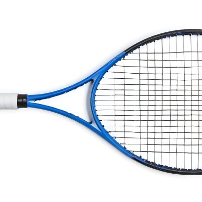 A Blue And Black Tennis Racket With Blue Handle Centered On A Blue Background Studio Shot High Resolution Detailed Strings Clean Aesthetic Sports Equipment 27 B4ee