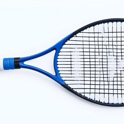 A Blue And Black Tennis Racket With Blue Handle Centered On A Blue Background Studio Shot High Resolution Detailed Strings Clean Aesthetic Sports Equipment 4 B12a