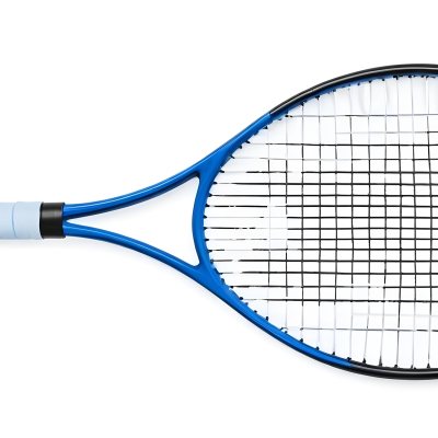 A Blue And Black Tennis Racket With Blue Handle Centered On A Blue Background Studio Shot High Resolution Detailed Strings Clean Aesthetic Sports Equipment 6 B012