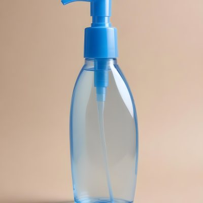 A Blue Transparent Plastic Bottle With A Transparent Dispenser Pump Containing Liquid Soap On A Beige Surface With A Light Blue Background 14 328e