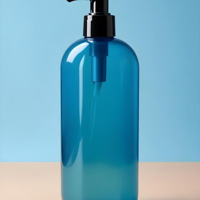 A Blue Transparent Plastic Bottle With A Transparent Dispenser Pump Containing Liquid Soap On A Beige Surface With A Light Blue Background 16 2616