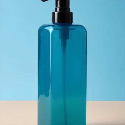 A Blue Transparent Plastic Bottle With A Transparent Dispenser Pump Containing Liquid Soap On A Beige Surface With A Light Blue Background 17 3a4f