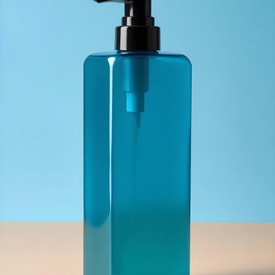A Blue Transparent Plastic Bottle With A Transparent Dispenser Pump Containing Liquid Soap On A Beige Surface With A Light Blue Background 20 D44f