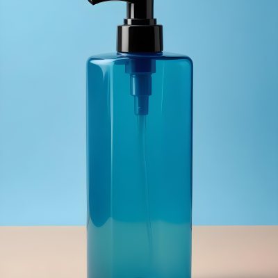 A Blue Transparent Plastic Bottle With A Transparent Dispenser Pump Containing Liquid Soap On A Beige Surface With A Light Blue Background 21 3ecf