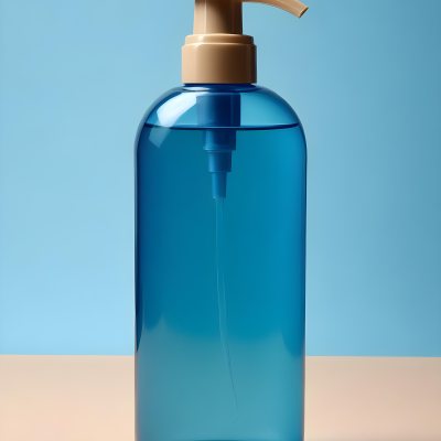 A Blue Transparent Plastic Bottle With A Transparent Dispenser Pump Containing Liquid Soap On A Beige Surface With A Light Blue Background 22 1254