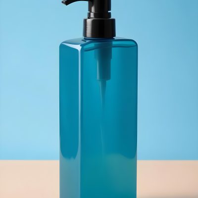 A Blue Transparent Plastic Bottle With A Transparent Dispenser Pump Containing Liquid Soap On A Beige Surface With A Light Blue Background 3 586e