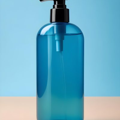 A Blue Transparent Plastic Bottle With A Transparent Dispenser Pump Containing Liquid Soap On A Beige Surface With A Light Blue Background 34 Ab76