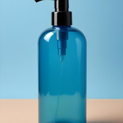 A Blue Transparent Plastic Bottle With A Transparent Dispenser Pump Containing Liquid Soap On A Beige Surface With A Light Blue Background 37 95e7
