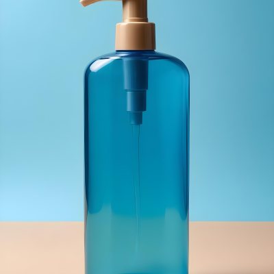 A Blue Transparent Plastic Bottle With A Transparent Dispenser Pump Containing Liquid Soap On A Beige Surface With A Light Blue Background 6 668c