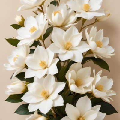 A Bouquet Of Large Delicate White Flowers With Golden Centers Against A Beige Background The Flowers Appear To Be Magnolias Or Similar Large Blossoms With Intricate Petal Structures And Curving Stems 1 8003