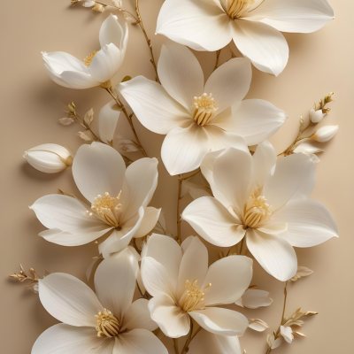 A Bouquet Of Large Delicate White Flowers With Golden Centers Against A Beige Background The Flowers Appear To Be Magnolias Or Similar Large Blossoms With Intricate Petal Structures And Curving Stems 1 807f