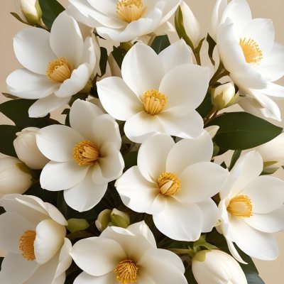 A Bouquet Of Large Delicate White Flowers With Golden Centers Against A Beige Background The Flowers Appear To Be Magnolias Or Similar Large Blossoms With Intricate Petal Structures And Curving Stems 10 8a97