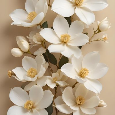 A Bouquet Of Large Delicate White Flowers With Golden Centers Against A Beige Background The Flowers Appear To Be Magnolias Or Similar Large Blossoms With Intricate Petal Structures And Curving Stems 12 F050
