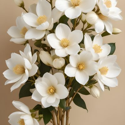 A Bouquet Of Large Delicate White Flowers With Golden Centers Against A Beige Background The Flowers Appear To Be Magnolias Or Similar Large Blossoms With Intricate Petal Structures And Curving Stems 14 604d