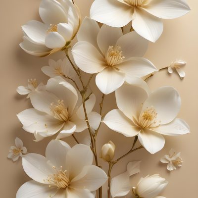 A Bouquet Of Large Delicate White Flowers With Golden Centers Against A Beige Background The Flowers Appear To Be Magnolias Or Similar Large Blossoms With Intricate Petal Structures And Curving Stems 2 0a51