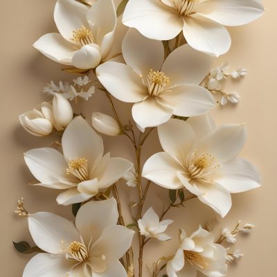 A Bouquet Of Large Delicate White Flowers With Golden Centers Against A Beige Background The Flowers Appear To Be Magnolias Or Similar Large Blossoms With Intricate Petal Structures And Curving Stems 4 Be61