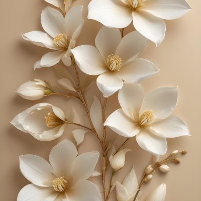 A Bouquet Of Large Delicate White Flowers With Golden Centers Against A Beige Background The Flowers Appear To Be Magnolias Or Similar Large Blossoms With Intricate Petal Structures And Curving Stems 6 458d