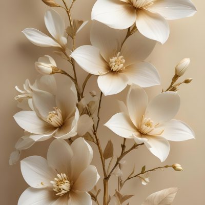 A Bouquet Of Large Delicate White Flowers With Golden Centers Against A Beige Background The Flowers Appear To Be Magnolias Or Similar Large Blossoms With Intricate Petal Structures And Curving Stems 7 3a8d