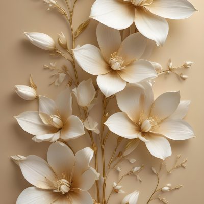 A Bouquet Of Large Delicate White Flowers With Golden Centers Against A Beige Background The Flowers Appear To Be Magnolias Or Similar Large Blossoms With Intricate Petal Structures And Curving Stems 8 211d