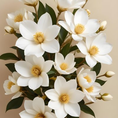 A Bouquet Of Large Delicate White Flowers With Golden Centers Against A Beige Background The Flowers Appear To Be Magnolias Or Similar Large Blossoms With Intricate Petal Structures And Curving Stems 9 5f0b