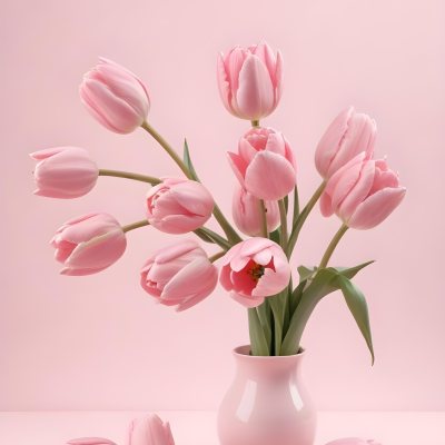 A Bouquet Of Pink Tulips In A Glass Vase Against A Pink Background 90 86c4