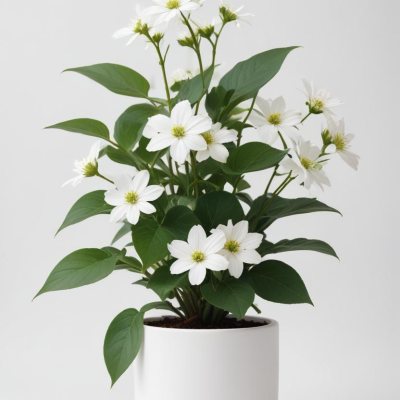 A Bouquet Of White Daisy Like Flowers With Green Leaves In A White Vase On A Plain Background 1 490c