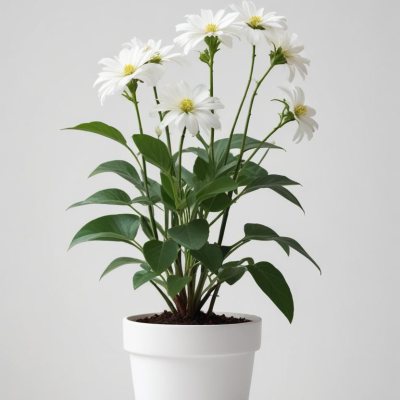 A Bouquet Of White Daisy Like Flowers With Green Leaves In A White Vase On A Plain Background 11 Cc88