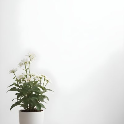 A Bouquet Of White Daisy Like Flowers With Green Leaves In A White Vase On A Plain Background 3 Fffe