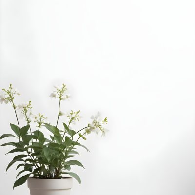 A Bouquet Of White Daisy Like Flowers With Green Leaves In A White Vase On A Plain Background 4 E2f7