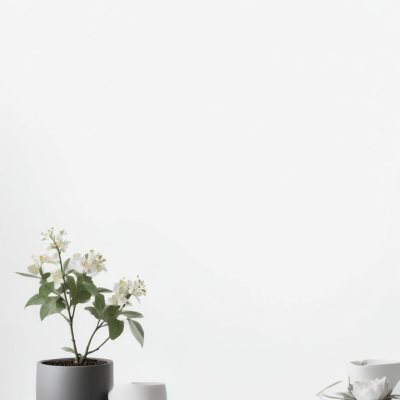A Bouquet Of White Daisy Like Flowers With Green Leaves In A White Vase On A Plain Background 5 9956