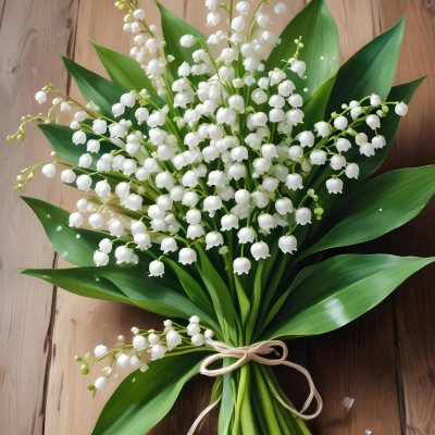 A Bouquet Of White Lily Of The Valley Flowers With Green Leaves Arranged In A Rustic Style On A Wooden Surface 1 5f39