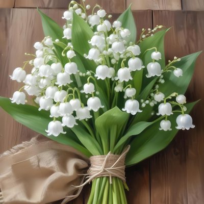 A Bouquet Of White Lily Of The Valley Flowers With Green Leaves Arranged In A Rustic Style On A Wooden Surface 13 33ae