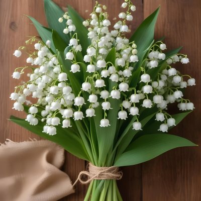 A Bouquet Of White Lily Of The Valley Flowers With Green Leaves Arranged In A Rustic Style On A Wooden Surface 25 3242