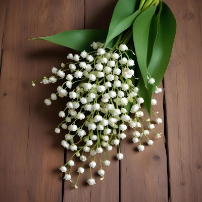 A Bouquet Of White Lily Of The Valley Flowers With Green Leaves Arranged In A Rustic Style On A Wooden Surface 31 Af4e