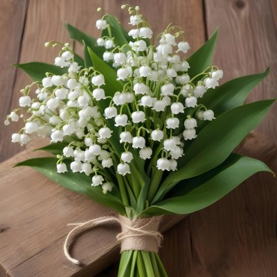 A Bouquet Of White Lily Of The Valley Flowers With Green Leaves Arranged In A Rustic Style On A Wooden Surface 34 93e6