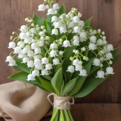 A Bouquet Of White Lily Of The Valley Flowers With Green Leaves Arranged In A Rustic Style On A Wooden Surface 38 2e86