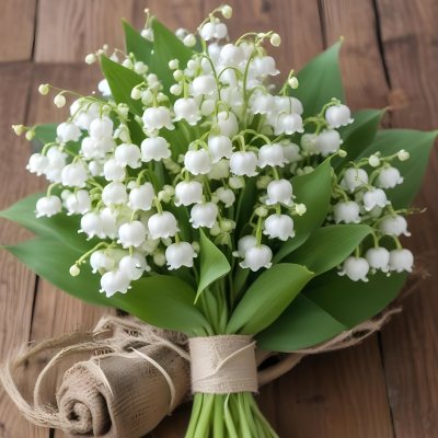 A Bouquet Of White Lily Of The Valley Flowers With Green Leaves Arranged In A Rustic Style On A Wooden Surface 47 731a