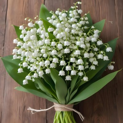 A Bouquet Of White Lily Of The Valley Flowers With Green Leaves Arranged In A Rustic Style On A Wooden Surface 48 23d3