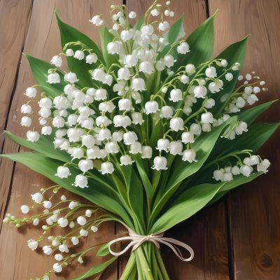 A Bouquet Of White Lily Of The Valley Flowers With Green Leaves Arranged In A Rustic Style On A Wooden Surface 5 7a60