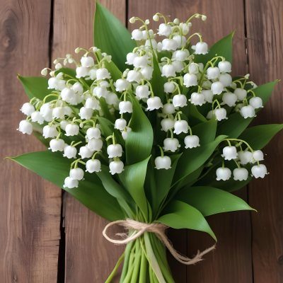 A Bouquet Of White Lily Of The Valley Flowers With Green Leaves Arranged In A Rustic Style On A Wooden Surface 50 D934